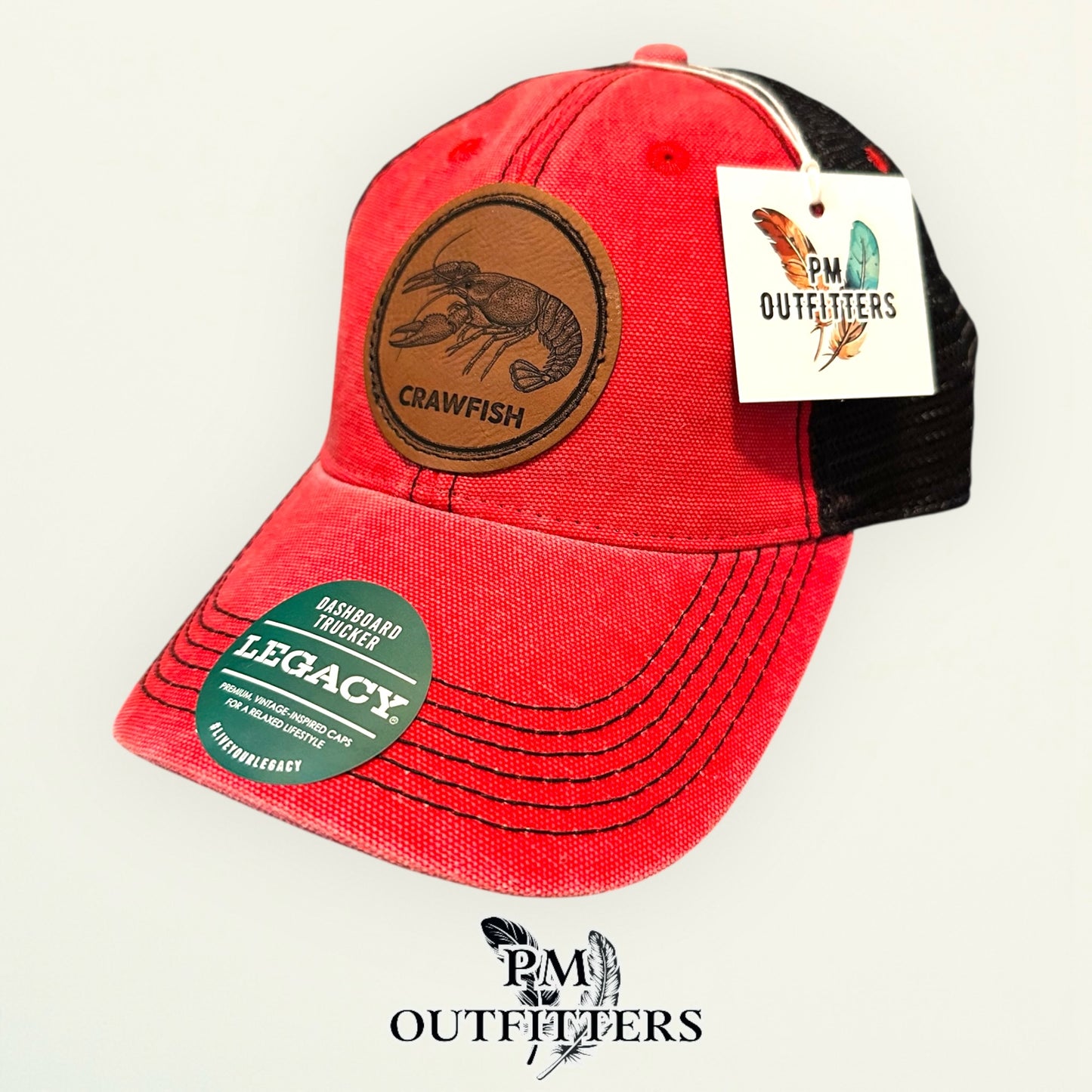 Crawfish Laser Engraved Patch Hat | Legacy Dashboard Trucker Red Black | PM Outfitters Exclusive Design