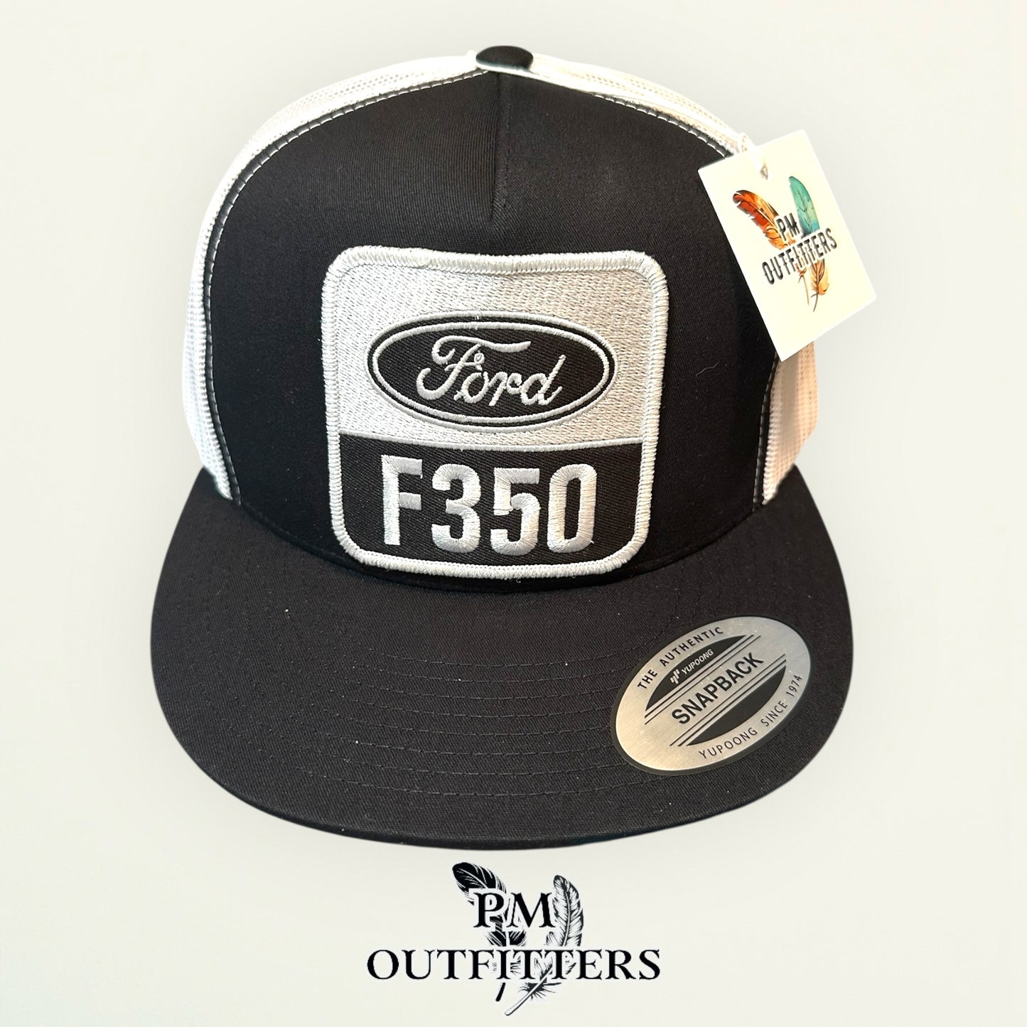 Ford F350 Trucker Hat — PM Outfitters Retro Patch | Yupoong Flat Bill Black White American Truck Heritage