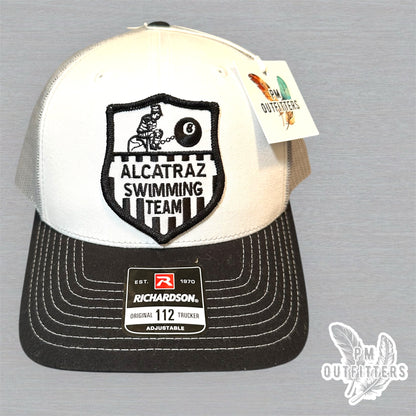 Vintage Alcatraz Swimming Team Patch Trucker Hat - Richardson 112 White, Black & Gray