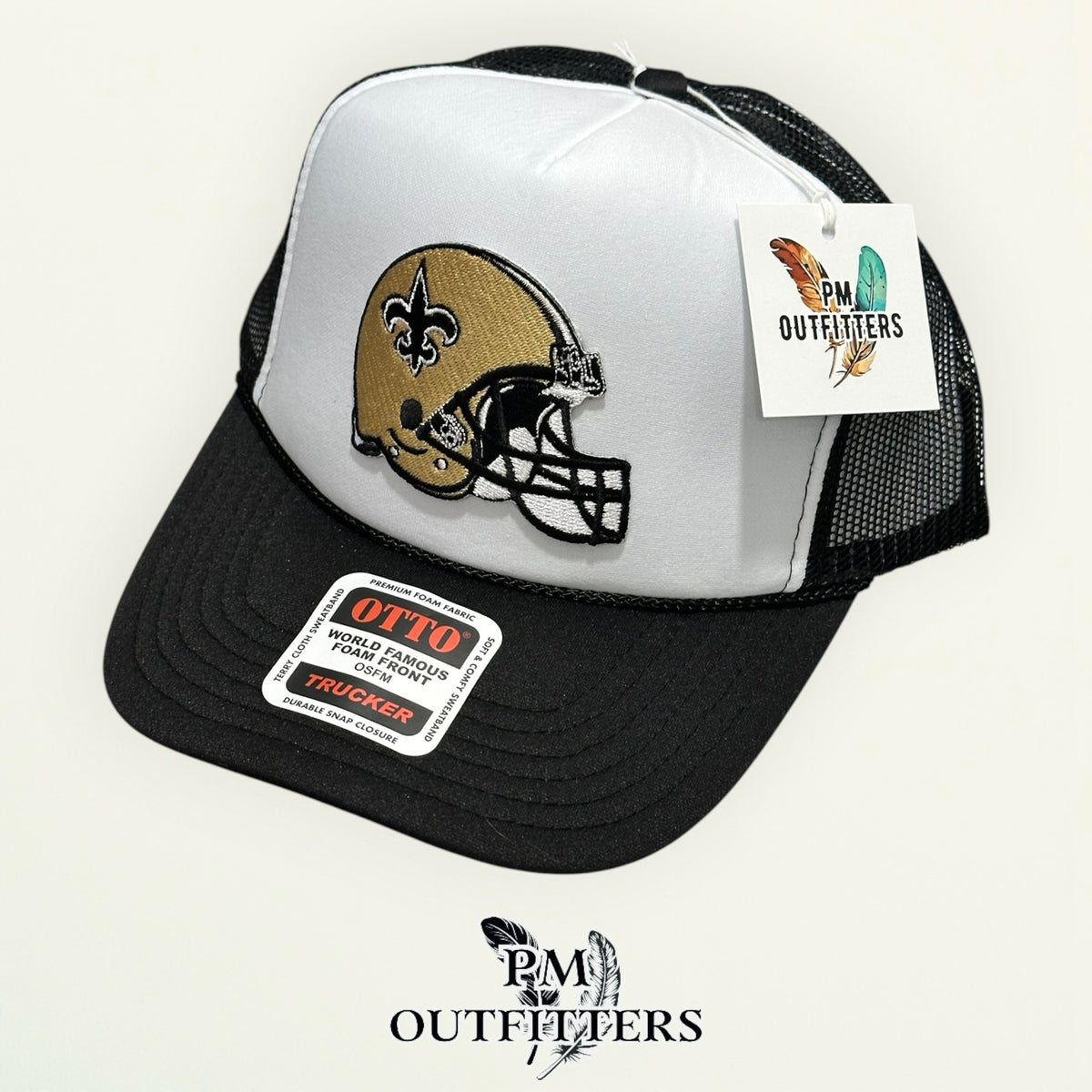 PM Outfitters New Orleans Saints helmet embroidered patch Otto foam front rope white black trucker hat