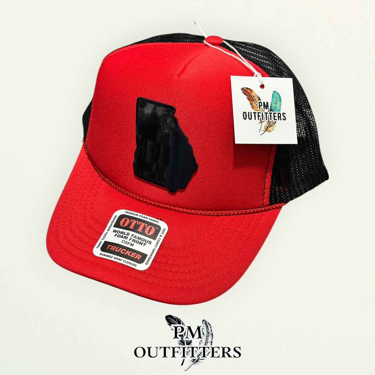 PM Outfitters Georgia Bulldogs holographic vegan leather state outline patch Otto foam front rope red black trucker hat