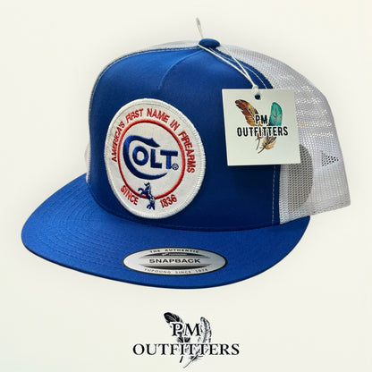 Colt Firearms Hat | Yupoong 6006 Blue & White Flatbill | Since 1836