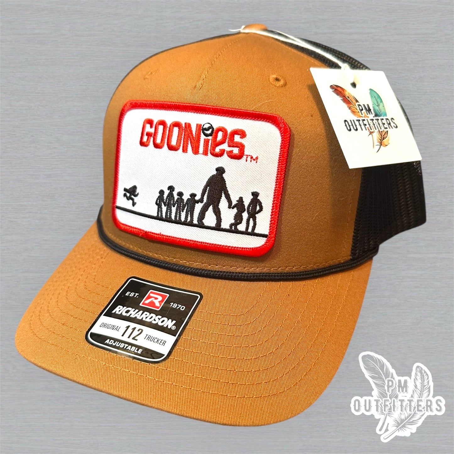Vintage Goonies Patch Trucker Hat - Richardson 112 Caramel Black Rope