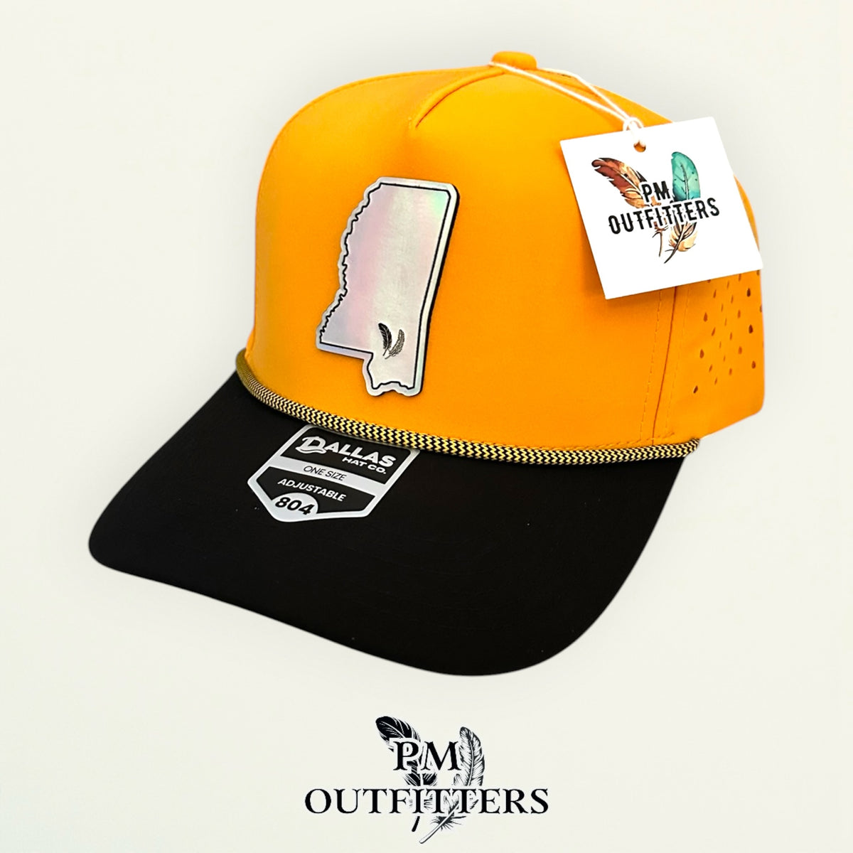 PM Outfitters Southern Miss Tailgate Season holographic vegan leather Mississippi state outline patch trucker hat Hattiesburg two-feather logo black gold