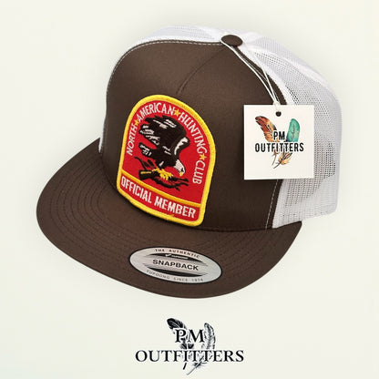 PM Outfitters vintage North American Hunting Club official member authentic vintage patch Yupoong 6006 brown white