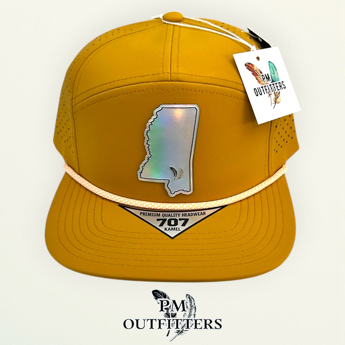 PM Outfitters Southern Miss Tailgate Season holographic vegan leather Mississippi state outline patch trucker hat Hattiesburg two-feather logo black mustard gold