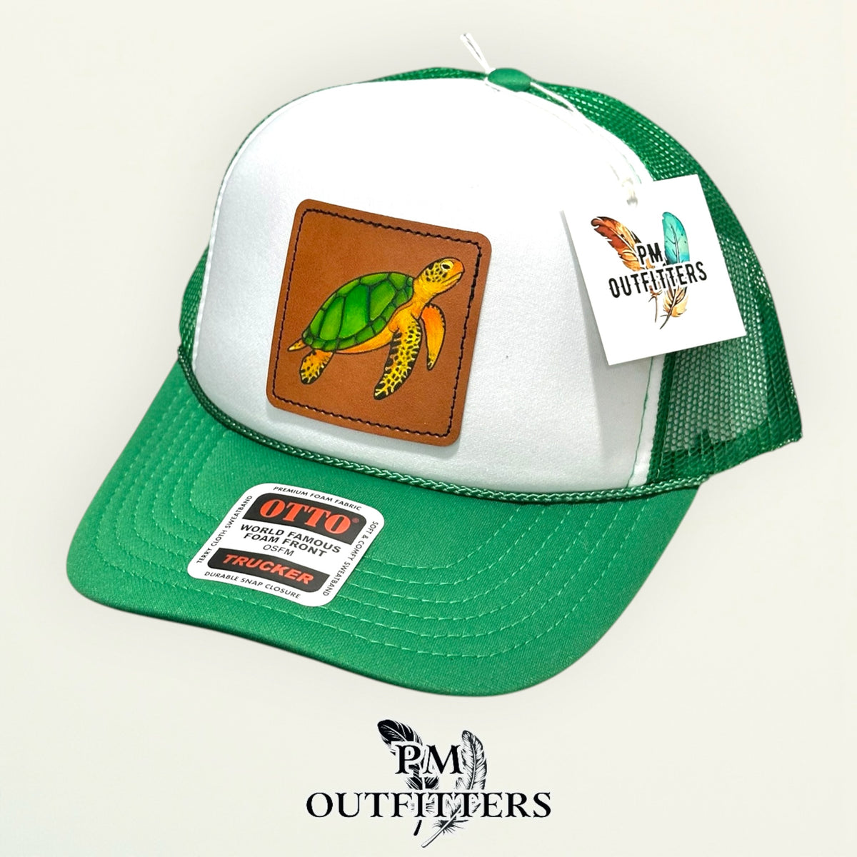 Close-up of the hand-painted sea turtle patch showing brushwork detail, PM Outfitters True Originals