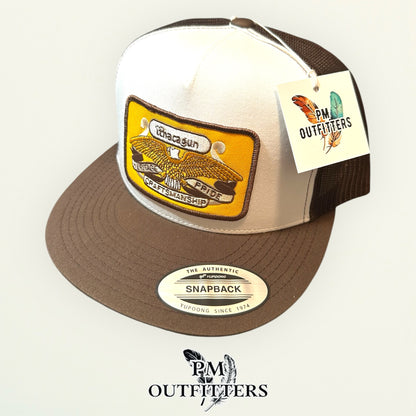Ithaca Gun Company Trucker Hat — PM Outfitters Heritage Patch | Yupoong Flat Bill White Brown Firearms Heritage