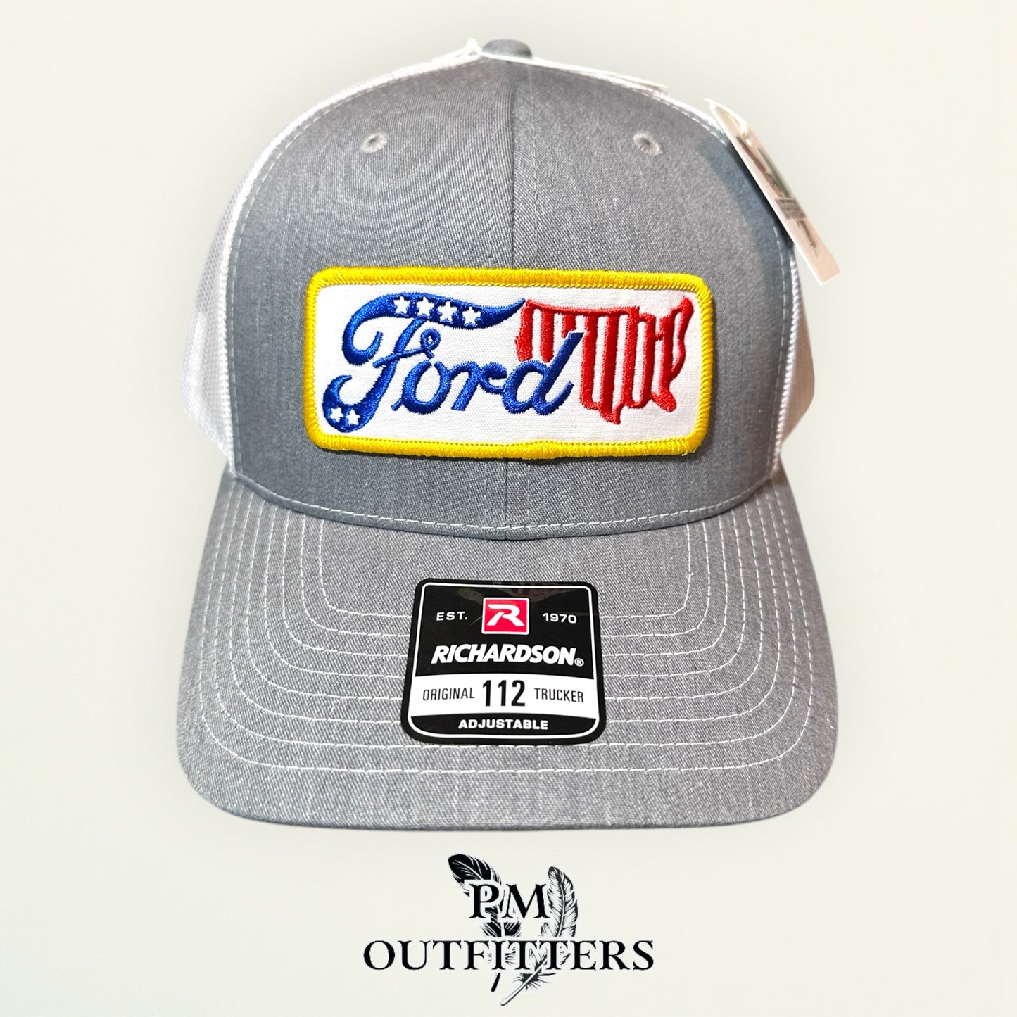Ford USA Patriotic Patch Trucker Hat - PM Outfitters | Richardson 112 Heather Gray White American Automotive Heritage