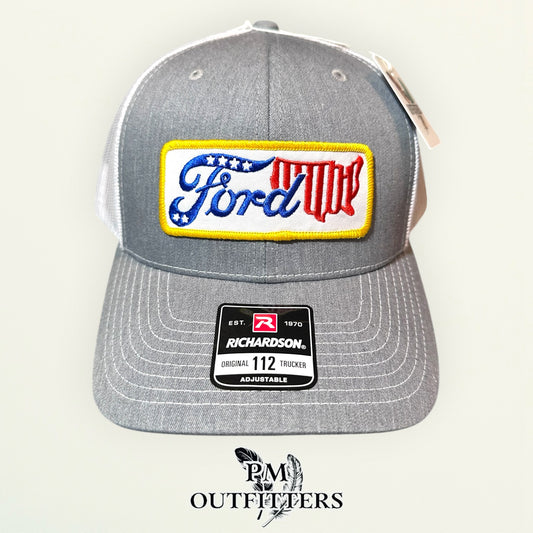 Ford USA Patriotic Patch Trucker Hat - PM Outfitters | Richardson 112 Heather Gray White American Automotive Heritage