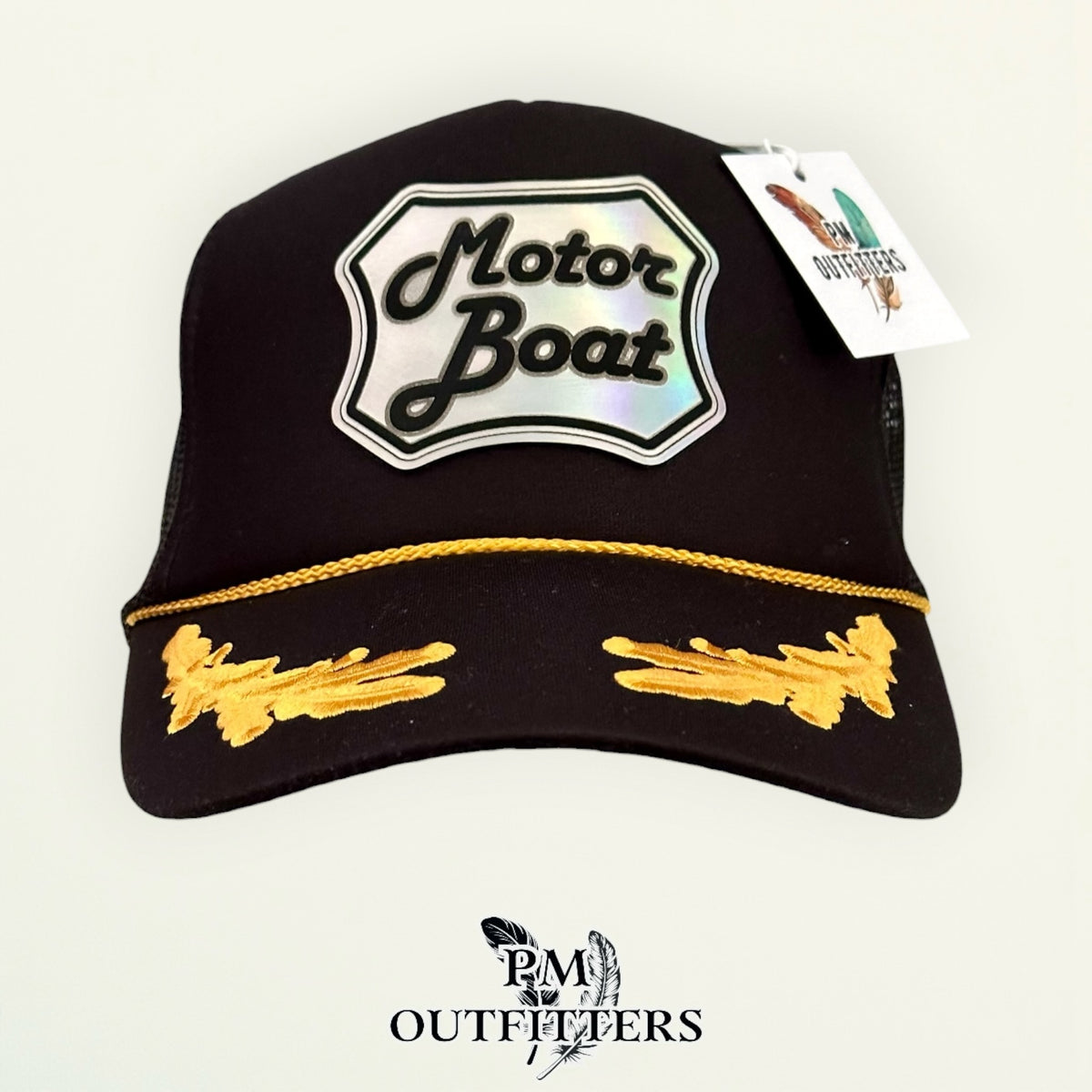 Motor Boat patch detail shield holographic script trucker hat