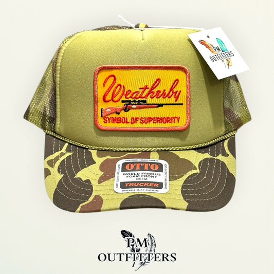 Weatherby Symbol of Superiority patch detail rifle scope embroidered olive trucker hat