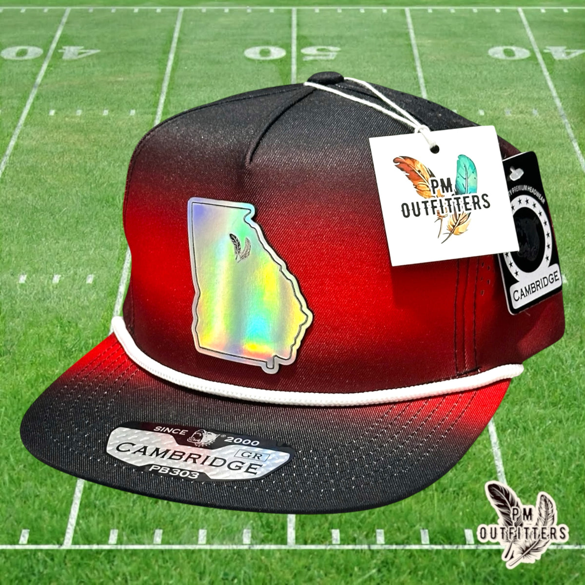 PM Outfitters Georgia Bulldogs holographic vegan leather state outline patch Pitbull Cambridge PB303 gradient black red trucker hat