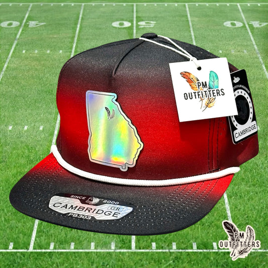 PM Outfitters Georgia Bulldogs holographic vegan leather state outline patch Pitbull Cambridge PB303 gradient black red trucker hat
