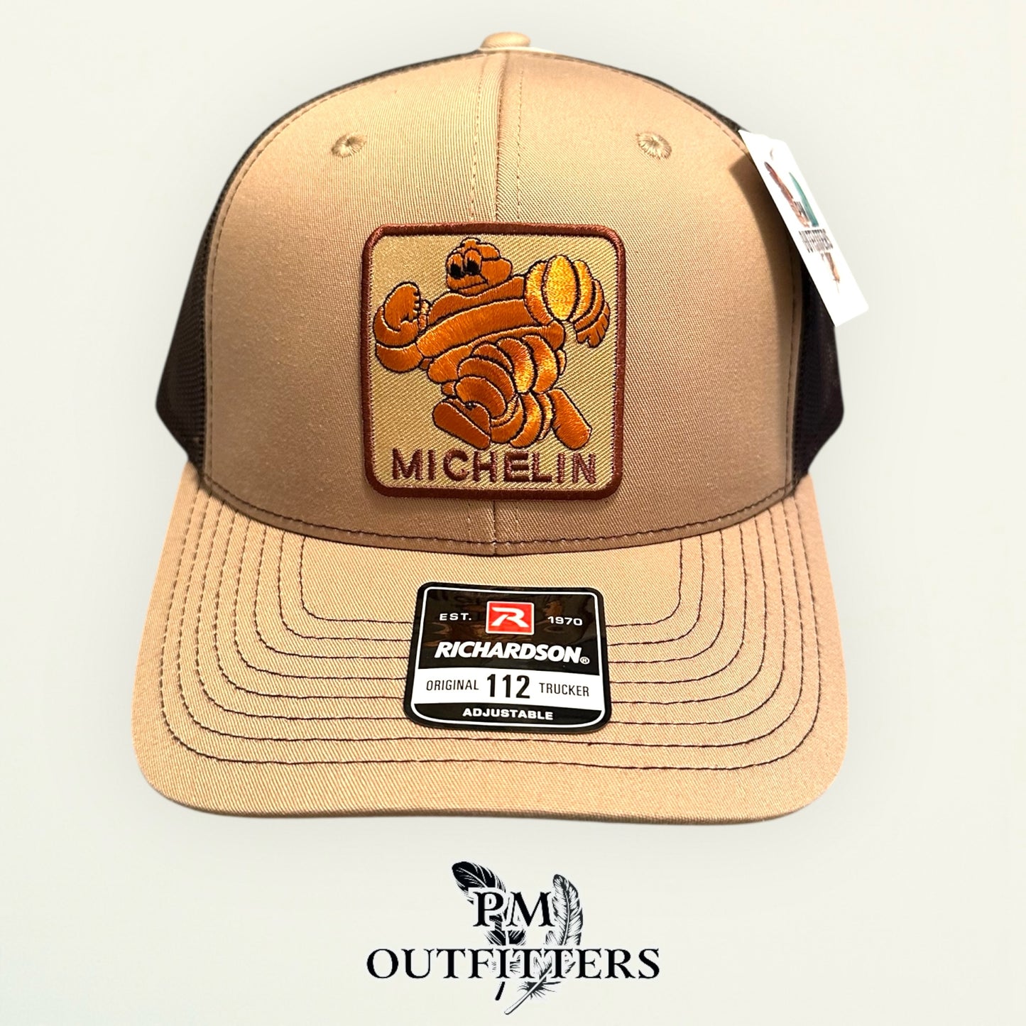 Michelin Man Trucker Hat — Retro Embroidered Patch | Richardson 112 Khaki Brown