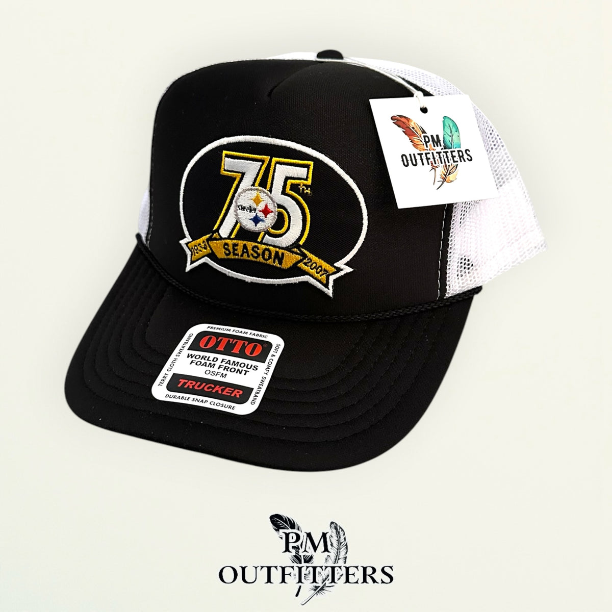 PM Outfitters Pittsburgh Steelers 75th Anniversary embroidered patch Otto foam front rope black white trucker hat