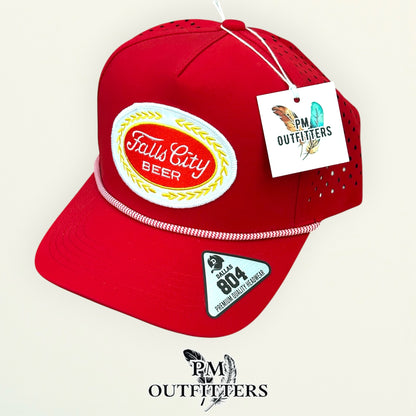 PM Outfitters hang tag Falls City Beer red trucker hat