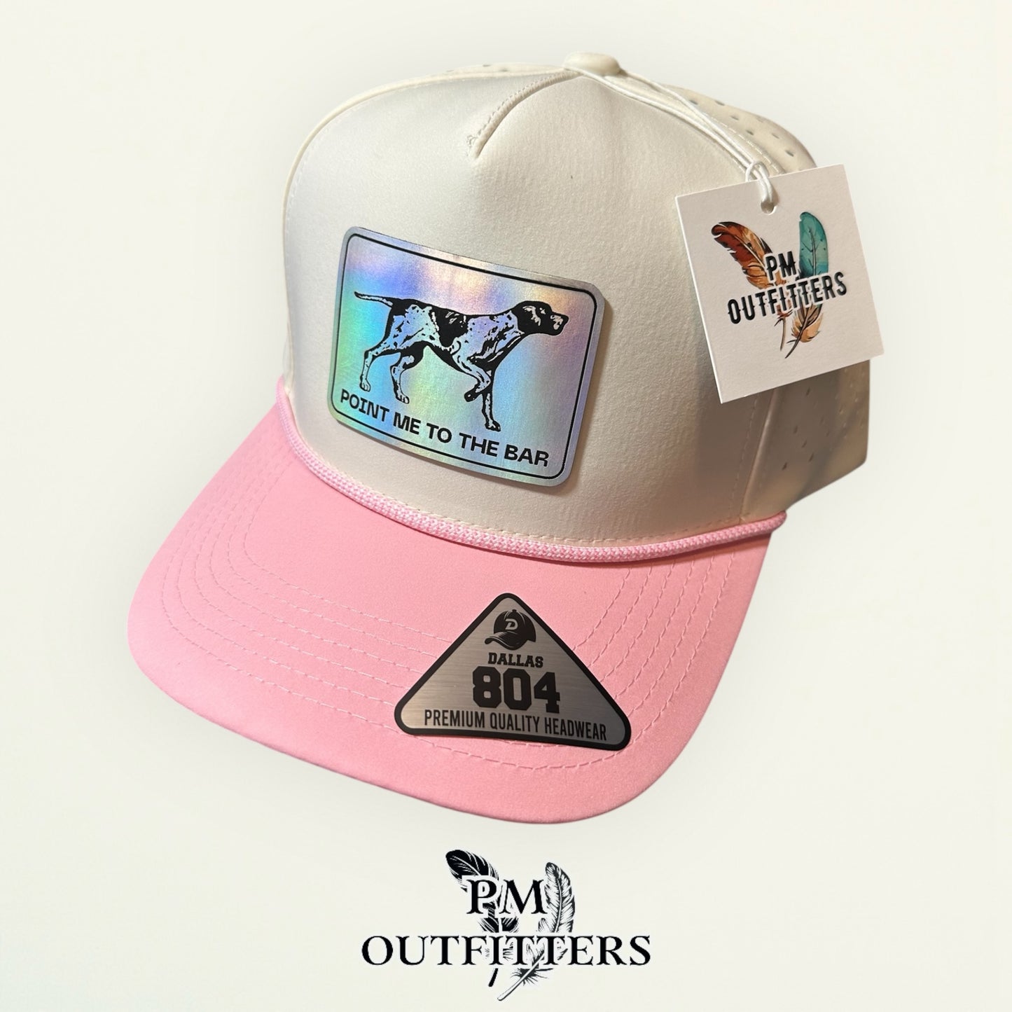 Point Me to the Bar Trucker Hat - PM Outfitters Exclusive | Holographic Laser Patch | Dallas 804 Cream Pink Waterproof Rope Hat