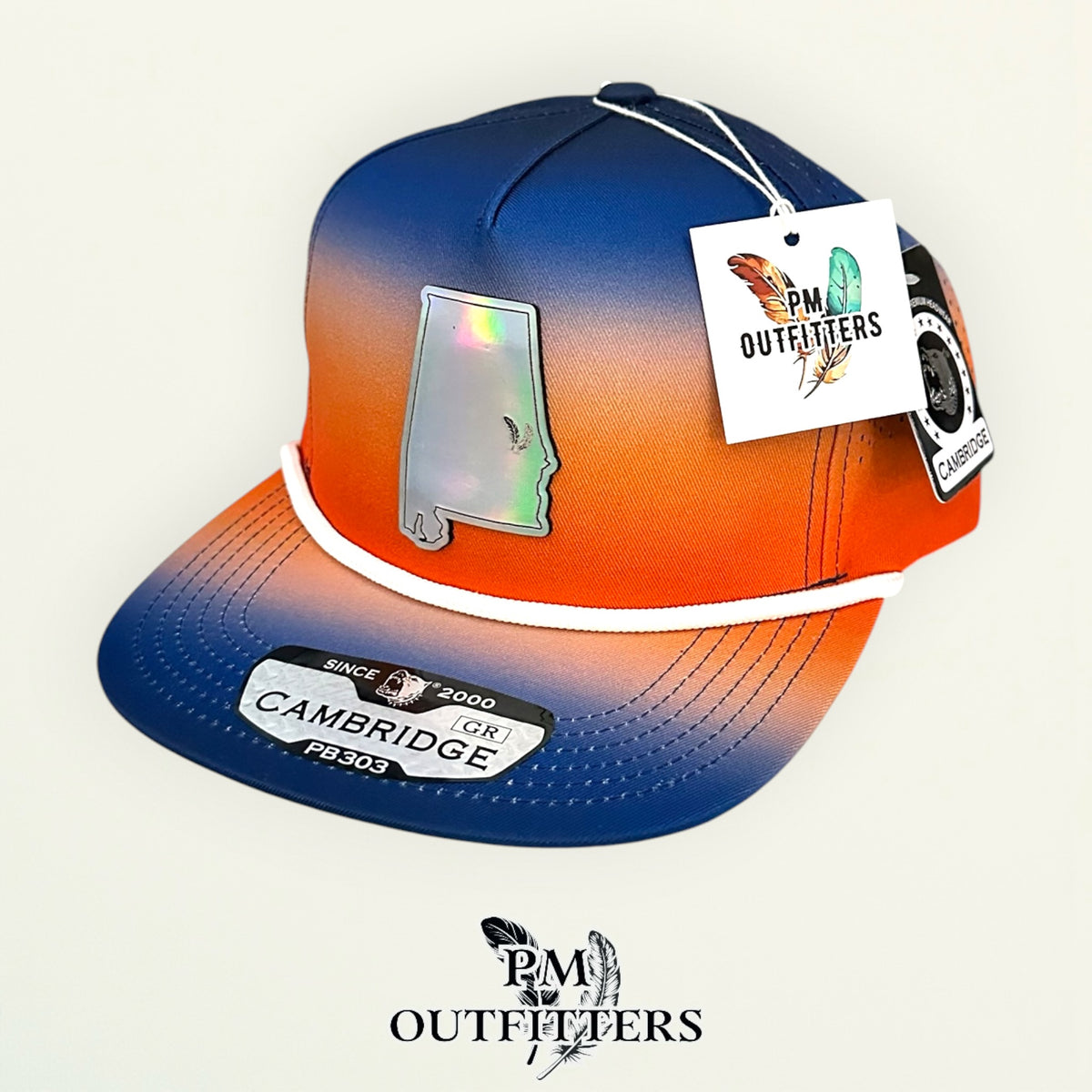 PM Outfitters Auburn Tailgate Season holographic vegan leather Alabama state outline patch trucker hat Auburn two-feather logo blue orange gradient