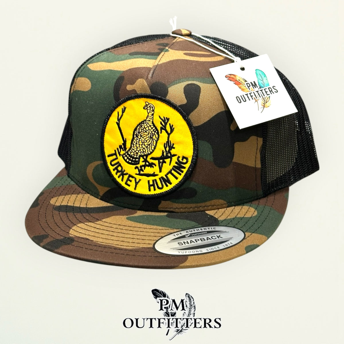 Back of the Turkey Hunting trucker hat showing the black mesh panel and snapback closure