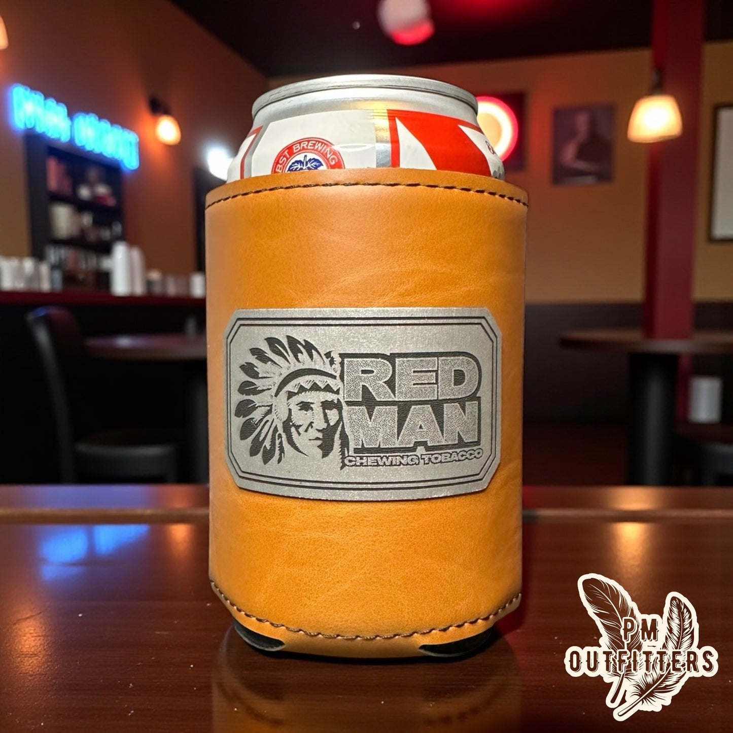 PM Outfitters Custom Laser Engraved Red Man Chewing Tobacco Premium Leatherette Can Koozie