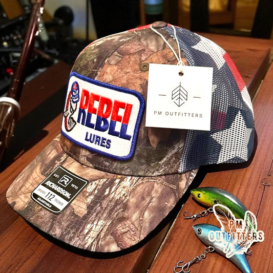 Rebel Lures Patch on Camo & American Flag Trucker Hat