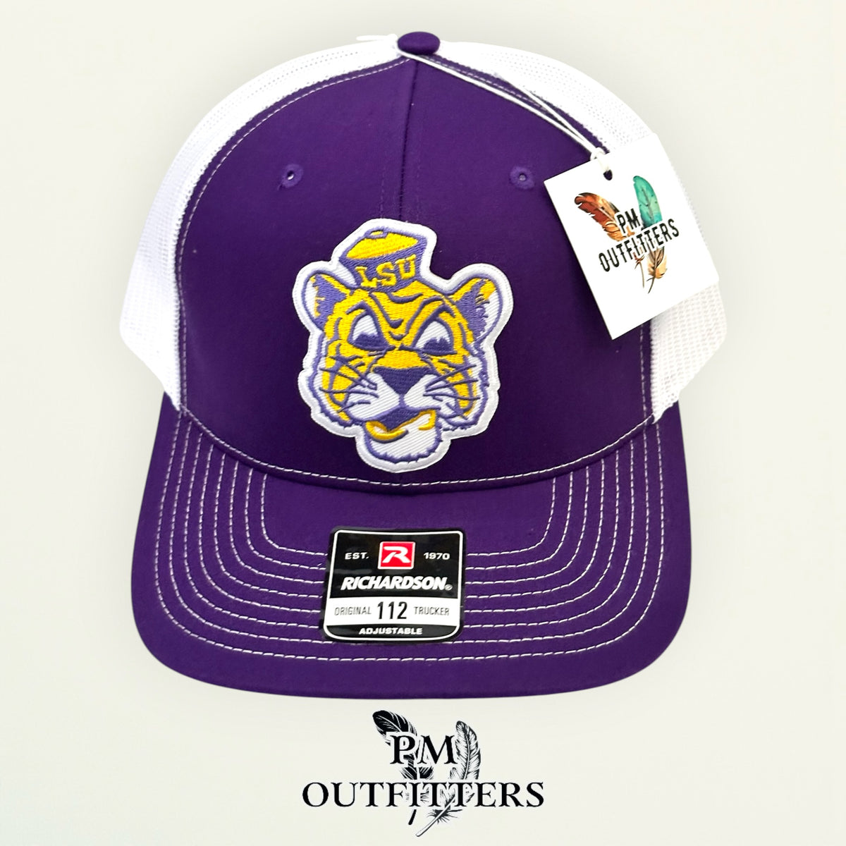 PM Outfitters LSU vintage tiger mascot embroidered patch Richardson 112 purple white trucker hat