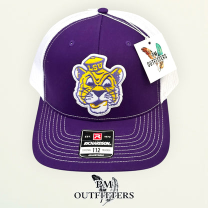 PM Outfitters LSU vintage tiger mascot embroidered patch Richardson 112 purple white trucker hat