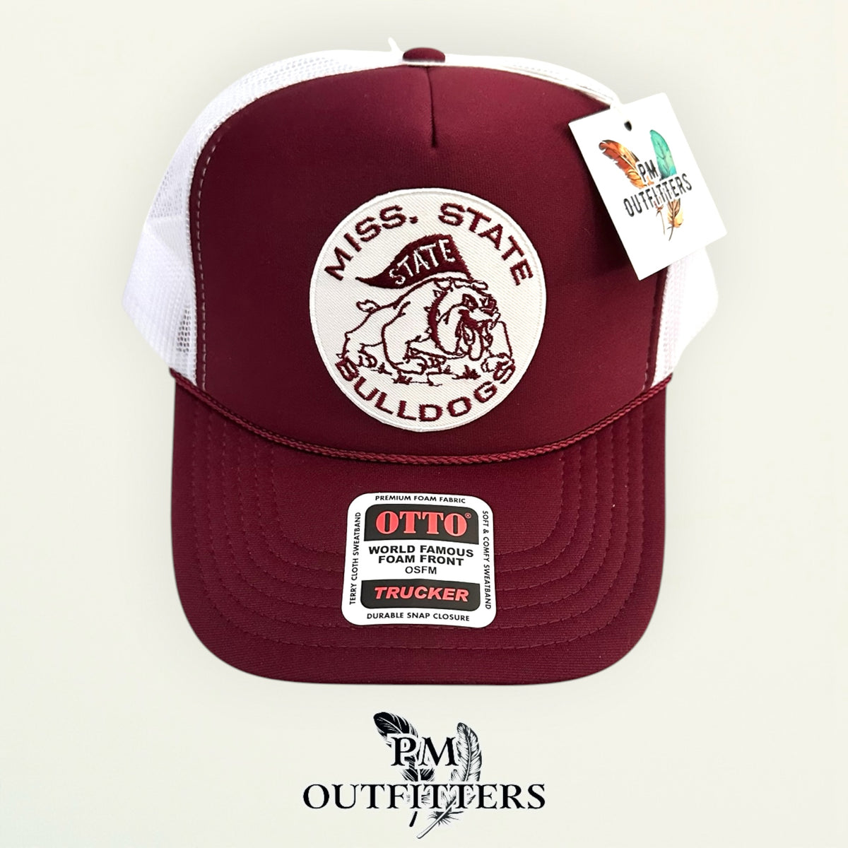 PM Outfitters Mississippi State Bulldogs retro circular patch Otto foam front rope maroon white trucker hat