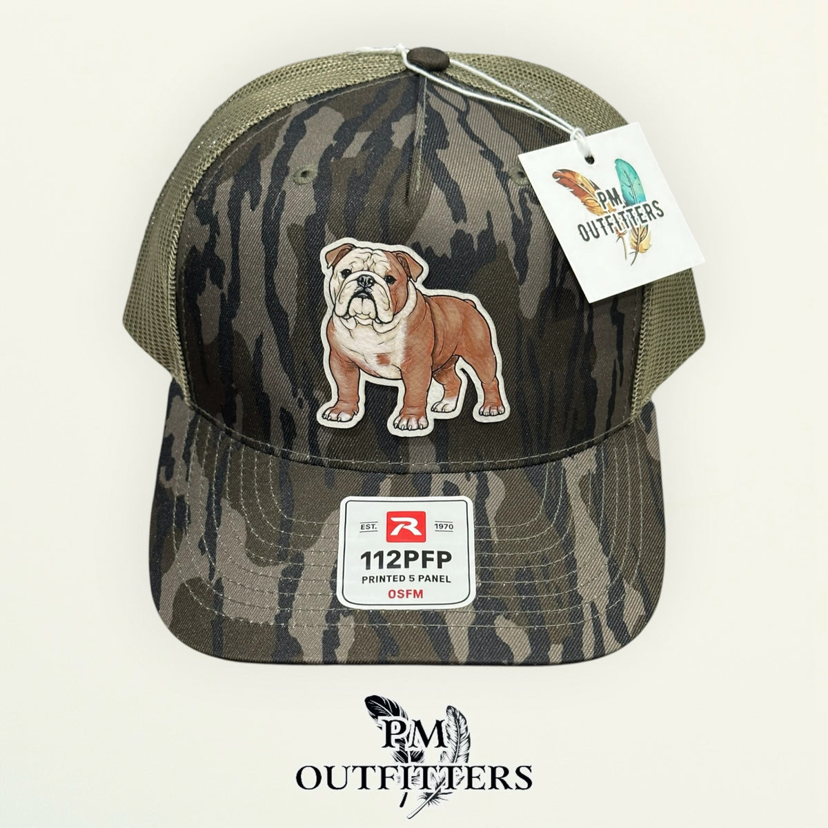Close-up of the hand-painted English Bulldog patch showing brushwork detail, PM Outfitters True Originals