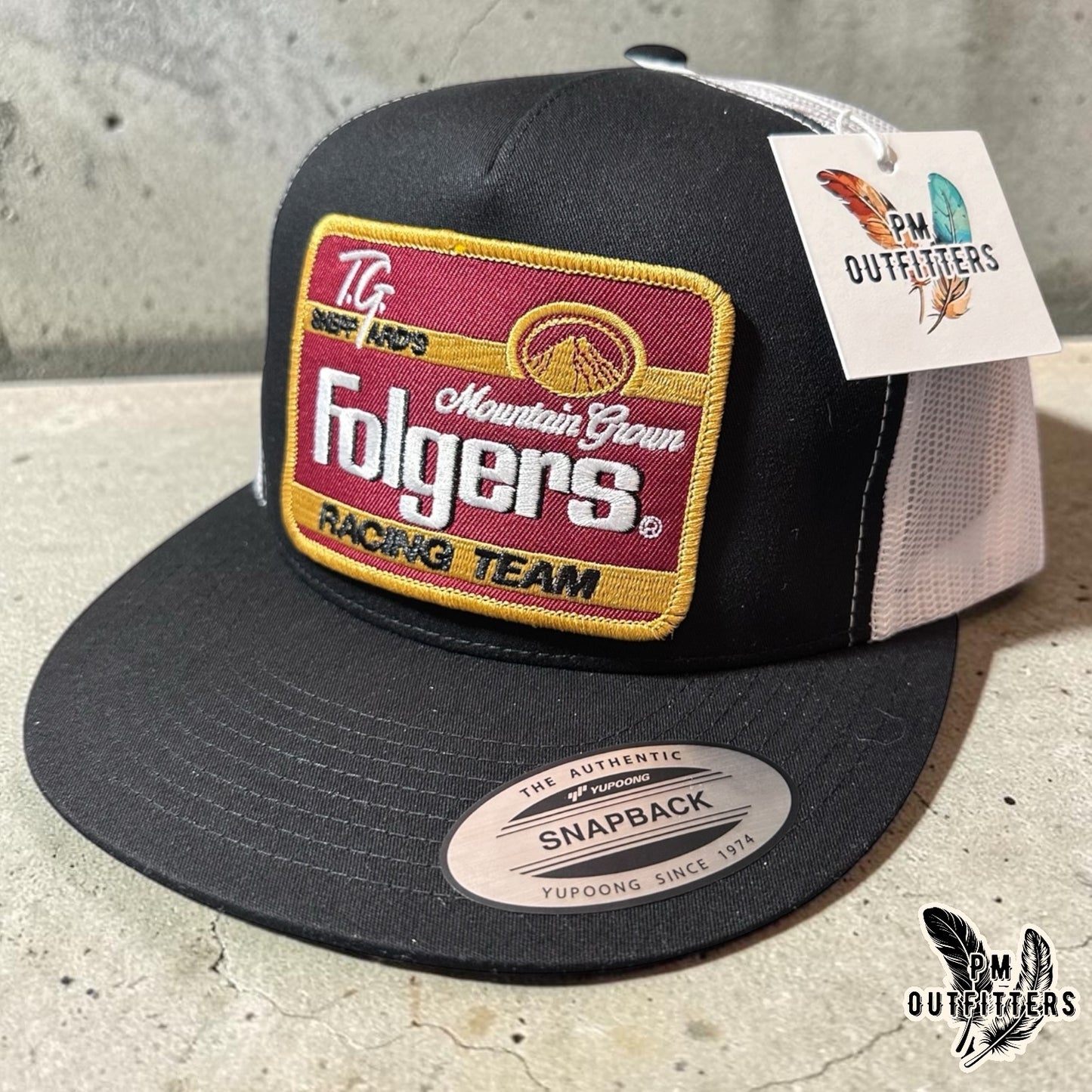 TG Sheppard Folgers Racing Team Trucker Hat - PM Outfitters | Yupoong 6006 Black White Flatbill NASCAR