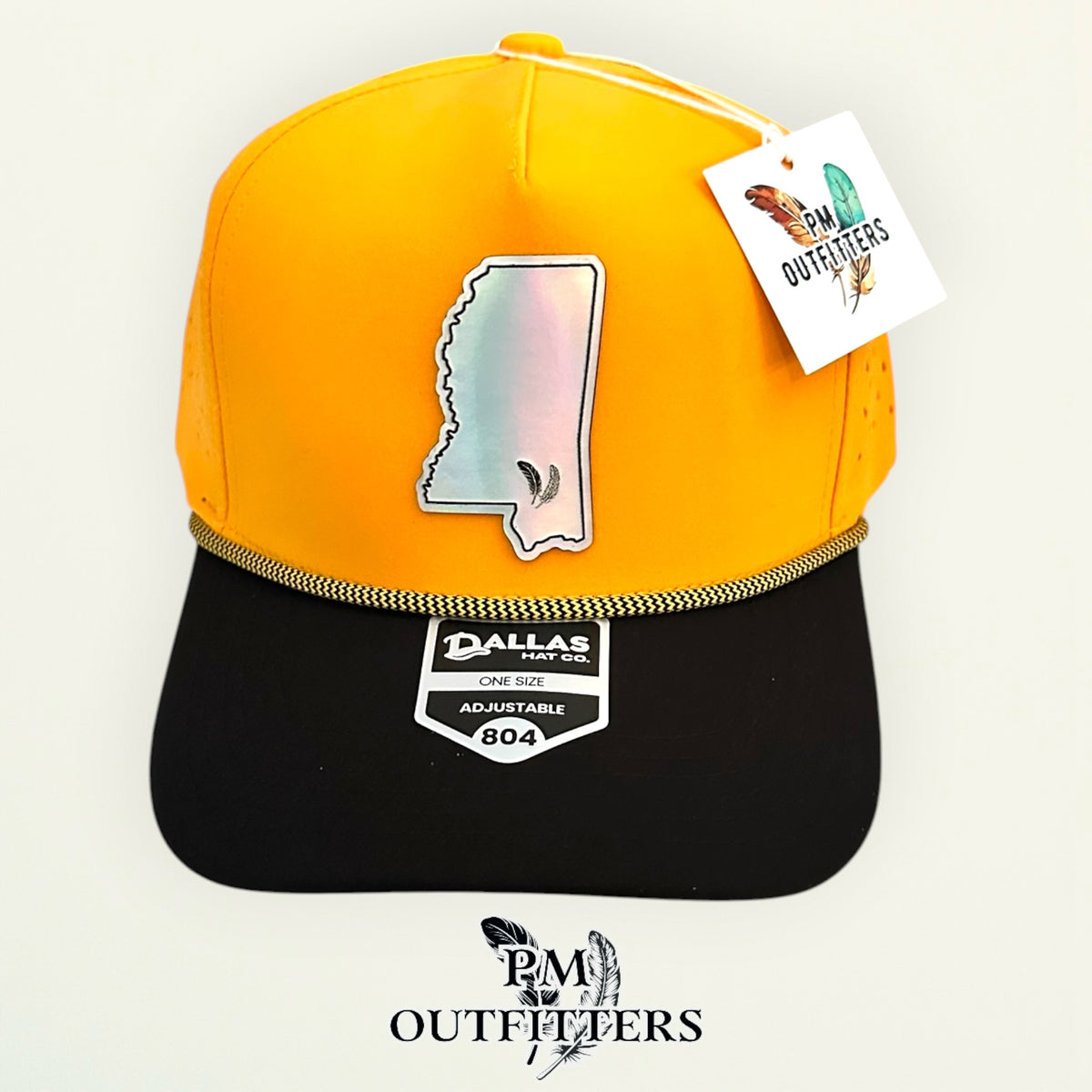 PM Outfitters Southern Miss Tailgate Season holographic vegan leather Mississippi state outline patch trucker hat Hattiesburg two-feather logo black gold