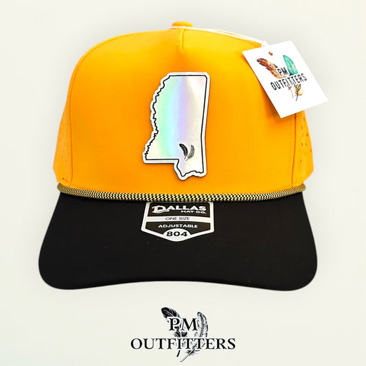 PM Outfitters Southern Miss Tailgate Season holographic vegan leather Mississippi state outline patch trucker hat Hattiesburg two-feather logo black gold