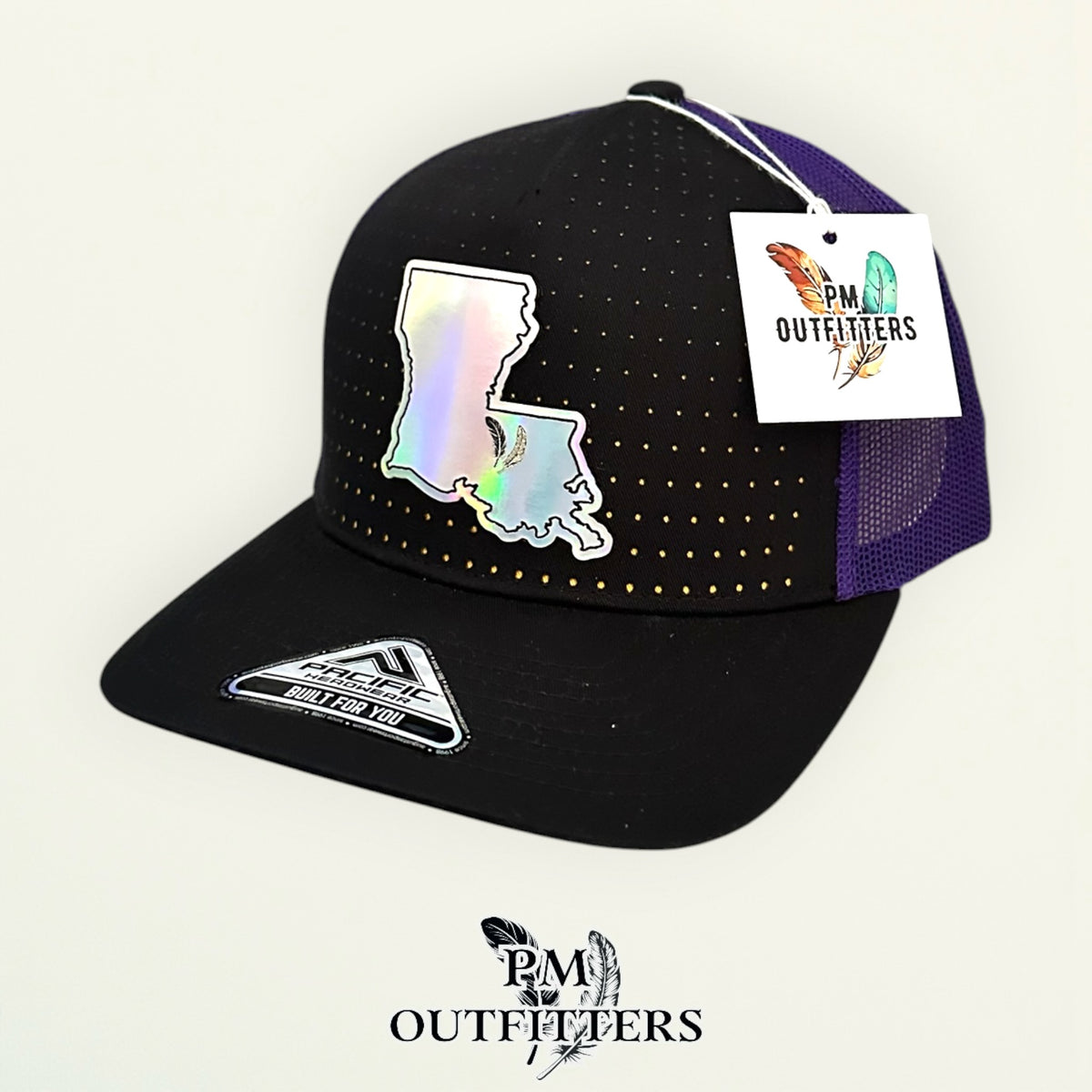 PM Outfitters LSU Tailgate Season holographic vegan leather Louisiana state outline patch trucker hat Baton Rouge two-feather logo purple gold