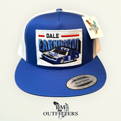 Dale Earnhardt Wrangler #3 NASCAR Trucker Hat — PM Outfitters Retro Patch | Yupoong Flat Bill Blue White Intimidator Heritage