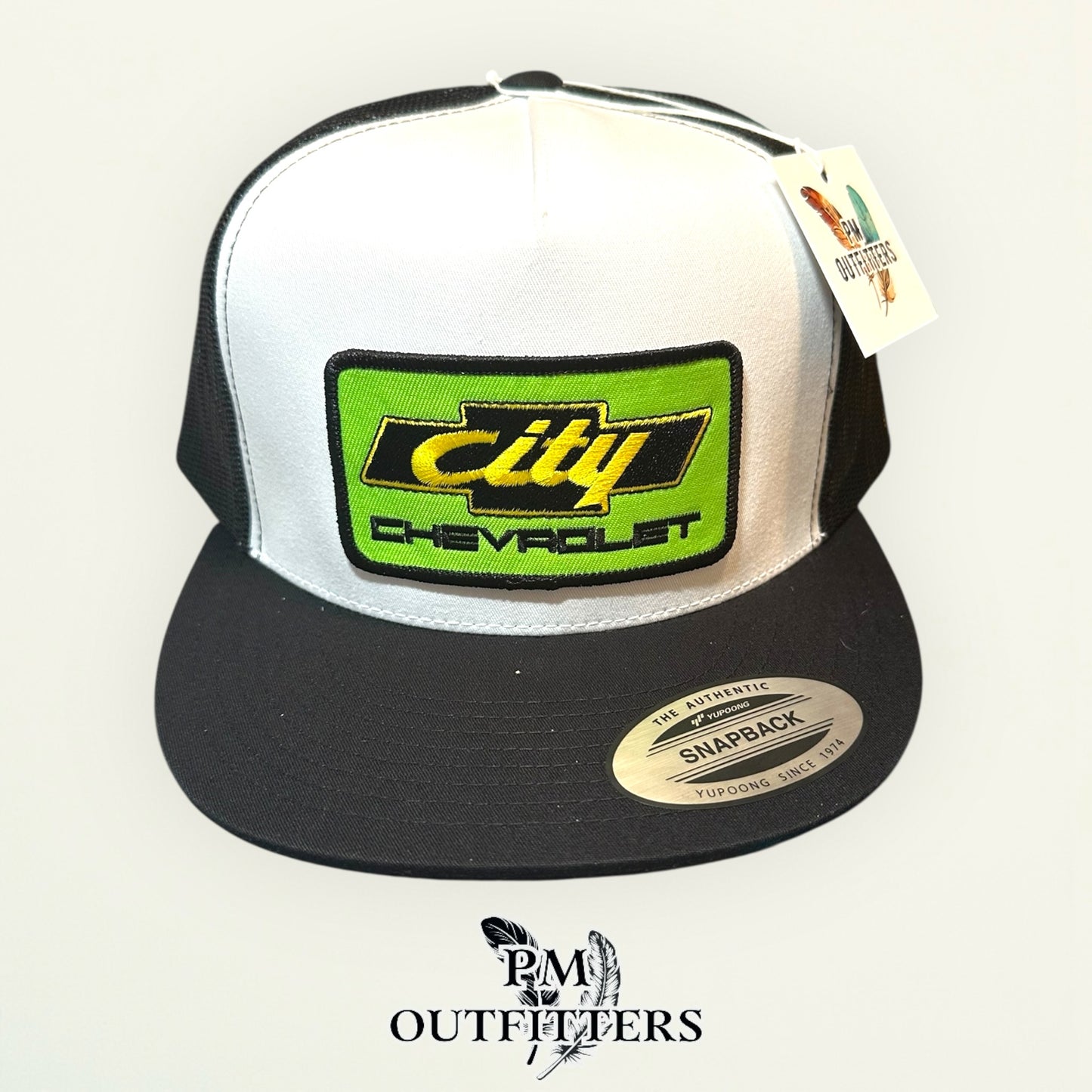 City Chevrolet Days of Thunder Trucker Hat — PM Outfitters Retro Patch | Yupoong Flat Bill White Black NASCAR Heritage