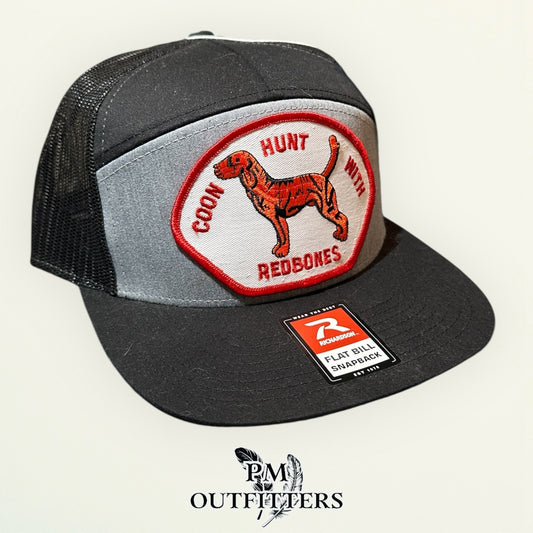 Coon Hunt With Redbones Trucker Hat — PM Outfitters Vintage Hunting Patch | Richardson 168 Grey Black Flat Bill