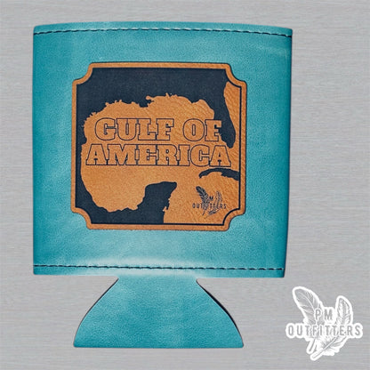 PM Outfitters Custom Laser Engraved Gulf of America Premium Leatherette Can Cooler - Teal/Turquoise Koozie