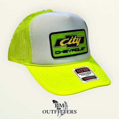 City Chevrolet Trucker Hat – PM Outfitters Days of Thunder Patch | Otto Foam Front Neon Yellow & White