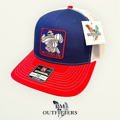 Michelin Man Trucker Hat — Retro Embroidered Patch | Richardson 112 Blue Red White