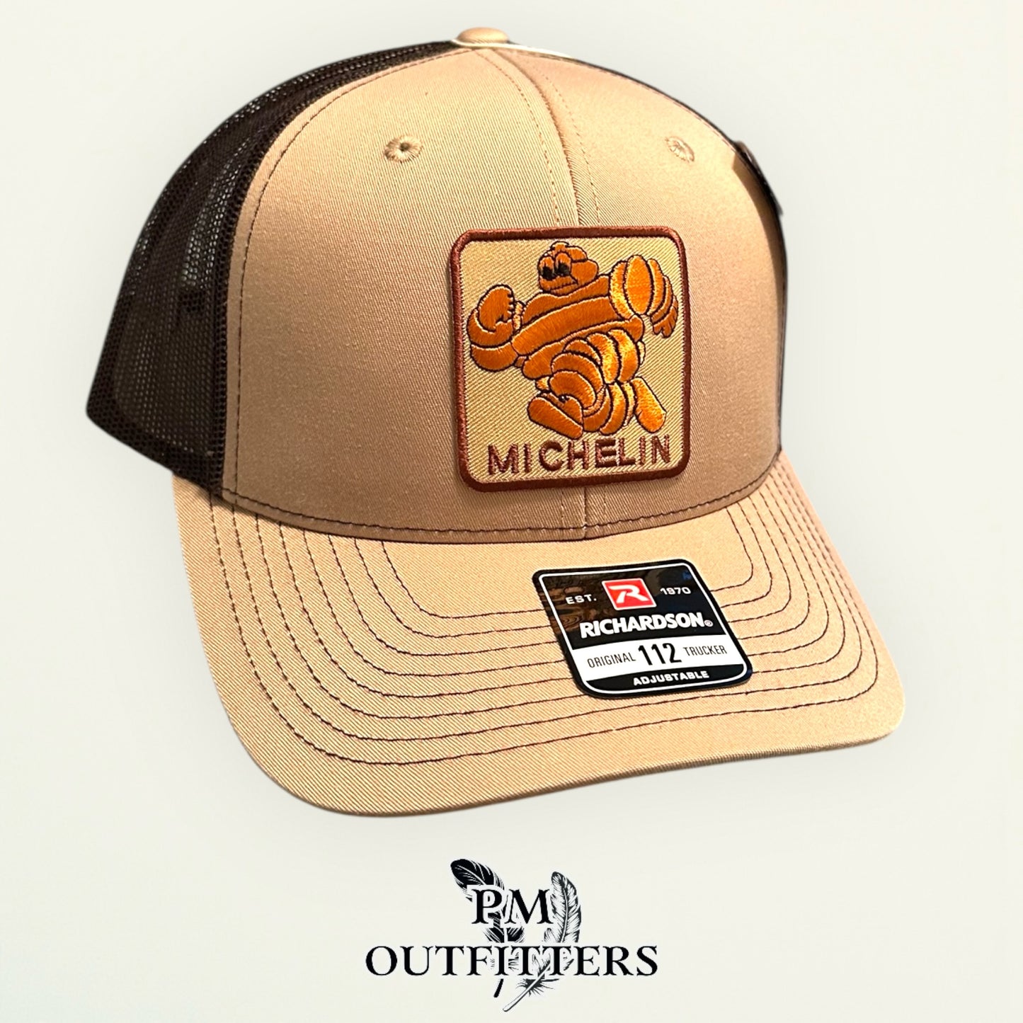 Michelin Man Trucker Hat — Retro Embroidered Patch | Richardson 112 Khaki Brown