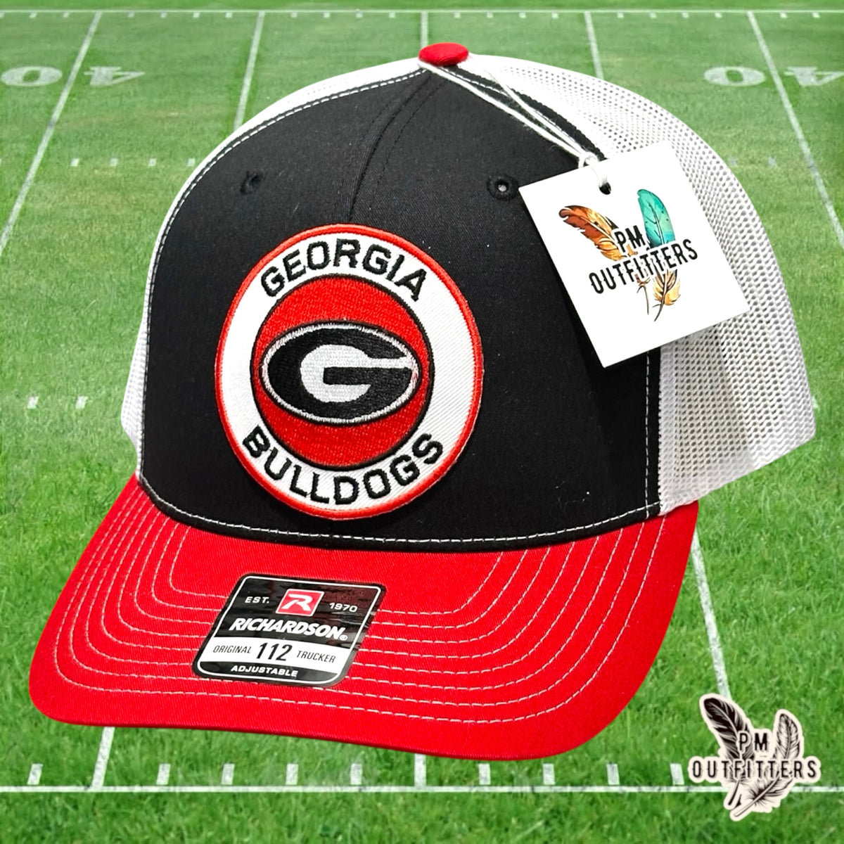 PM Outfitters Georgia Bulldogs circular logo embroidered patch Richardson 112 black white red trucker hat