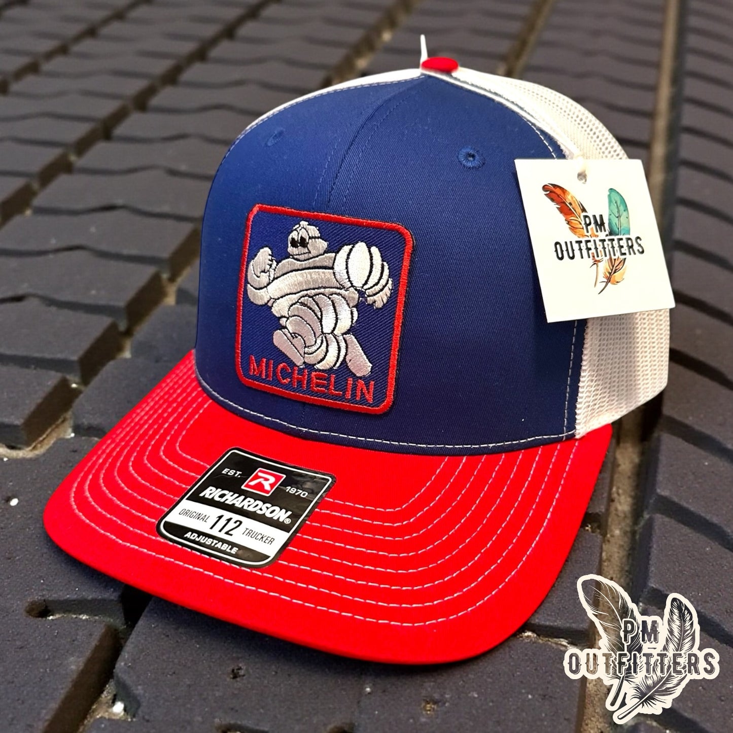 Michelin Man Trucker Hat — Retro Embroidered Patch | Richardson 112 Blue Red White