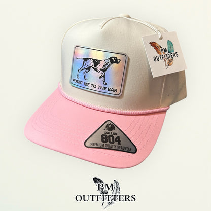 Point Me to the Bar Trucker Hat - PM Outfitters Exclusive | Holographic Laser Patch | Dallas 804 Cream Pink Waterproof Rope Hat