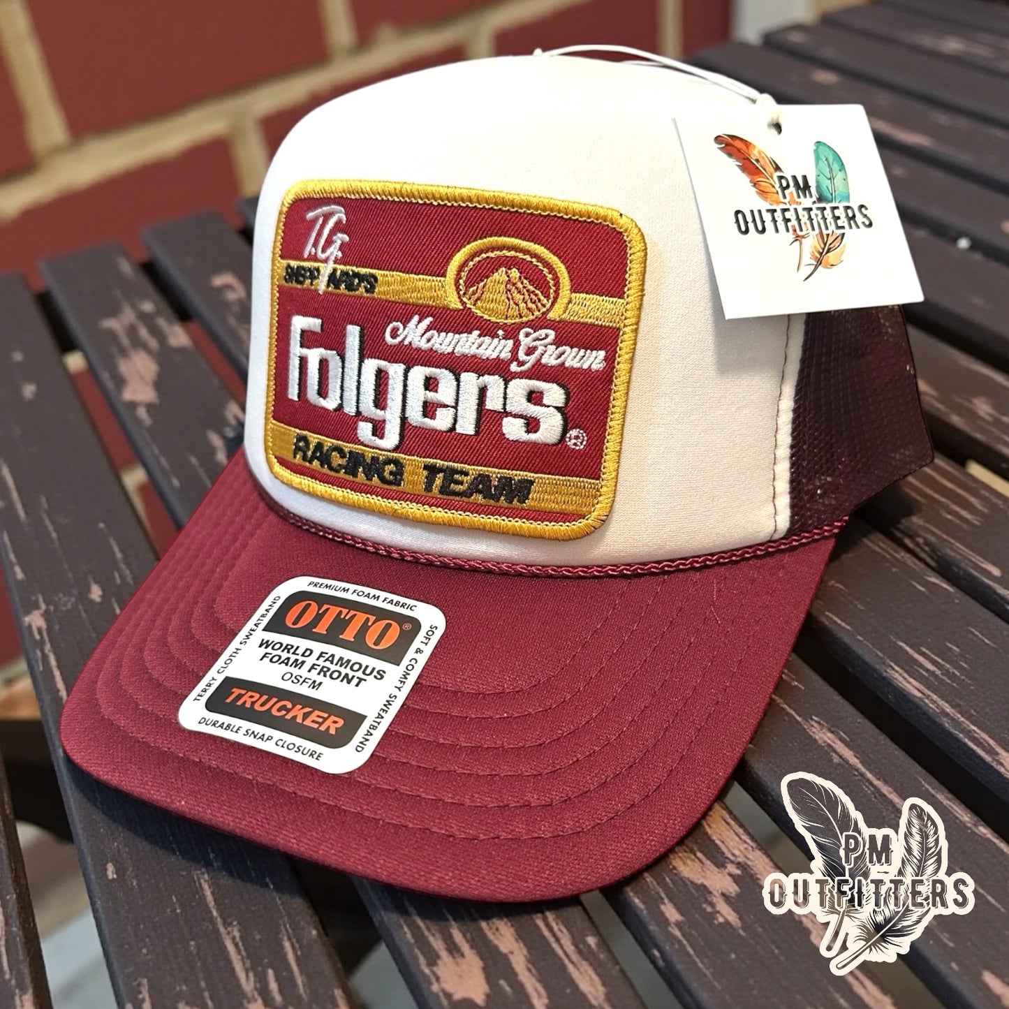 TG Sheppard's Folgers Racing Team Trucker Hat — Otto Foam Rope Trucker | White & Maroon