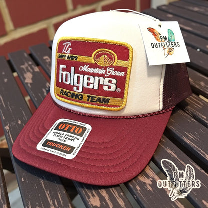TG Sheppard's Folgers Racing Team Trucker Hat — Otto Foam Rope Trucker | White & Maroon