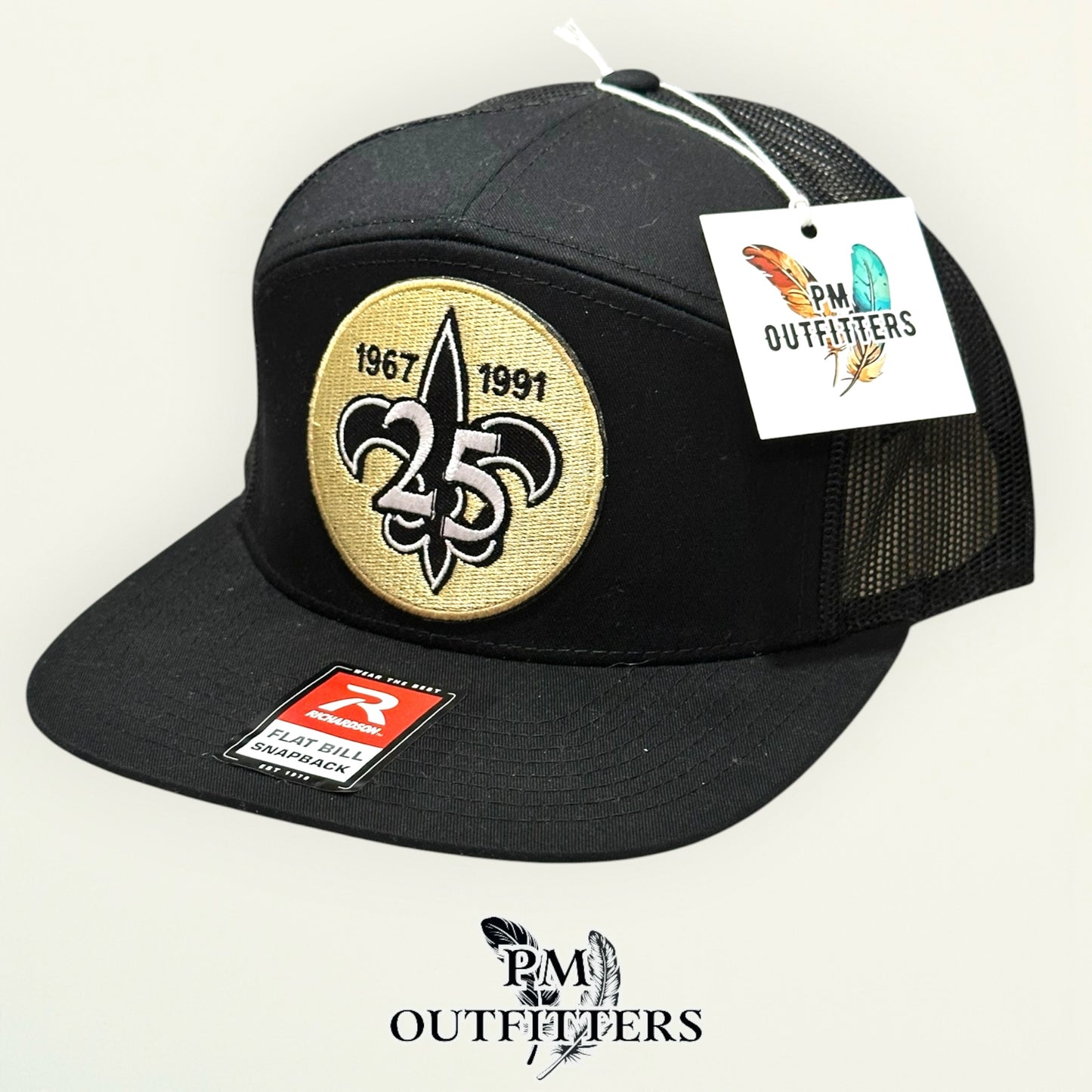 New Orleans Saints 25th Anniversary Flat Bill Hat | PM Outfitters Richardson 168 All Black | Who Dat Fan Gear