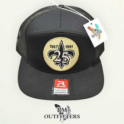 New Orleans Saints 25th Anniversary Flat Bill Hat | PM Outfitters Richardson 168 All Black | Who Dat Fan Gear