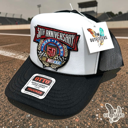 NASCAR 50th Anniversary Trucker Hat – PM Outfitters True Vintage Patch | Otto Foam Rope Black & White