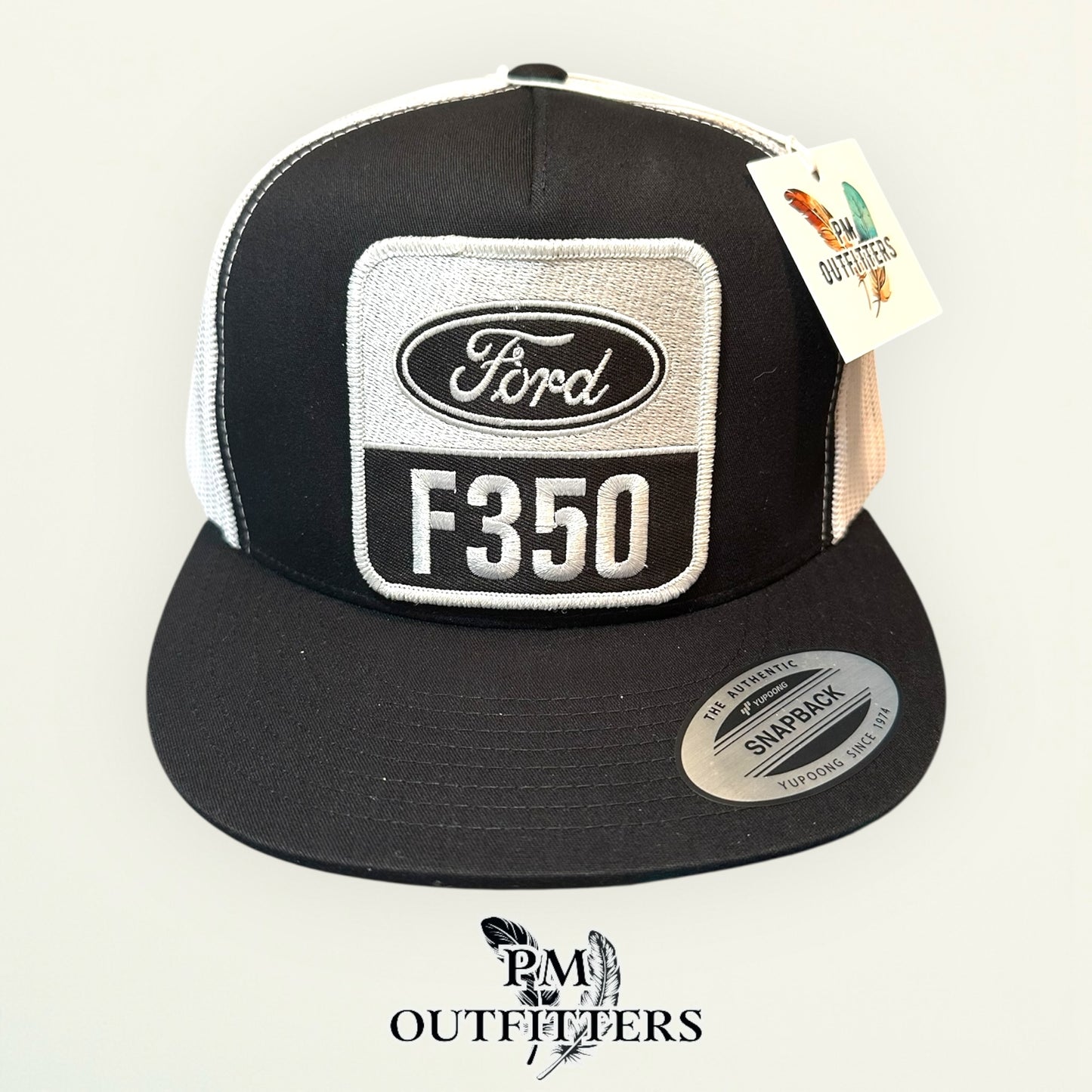 Ford F350 Trucker Hat — PM Outfitters Retro Patch | Yupoong Flat Bill Black White American Truck Heritage
